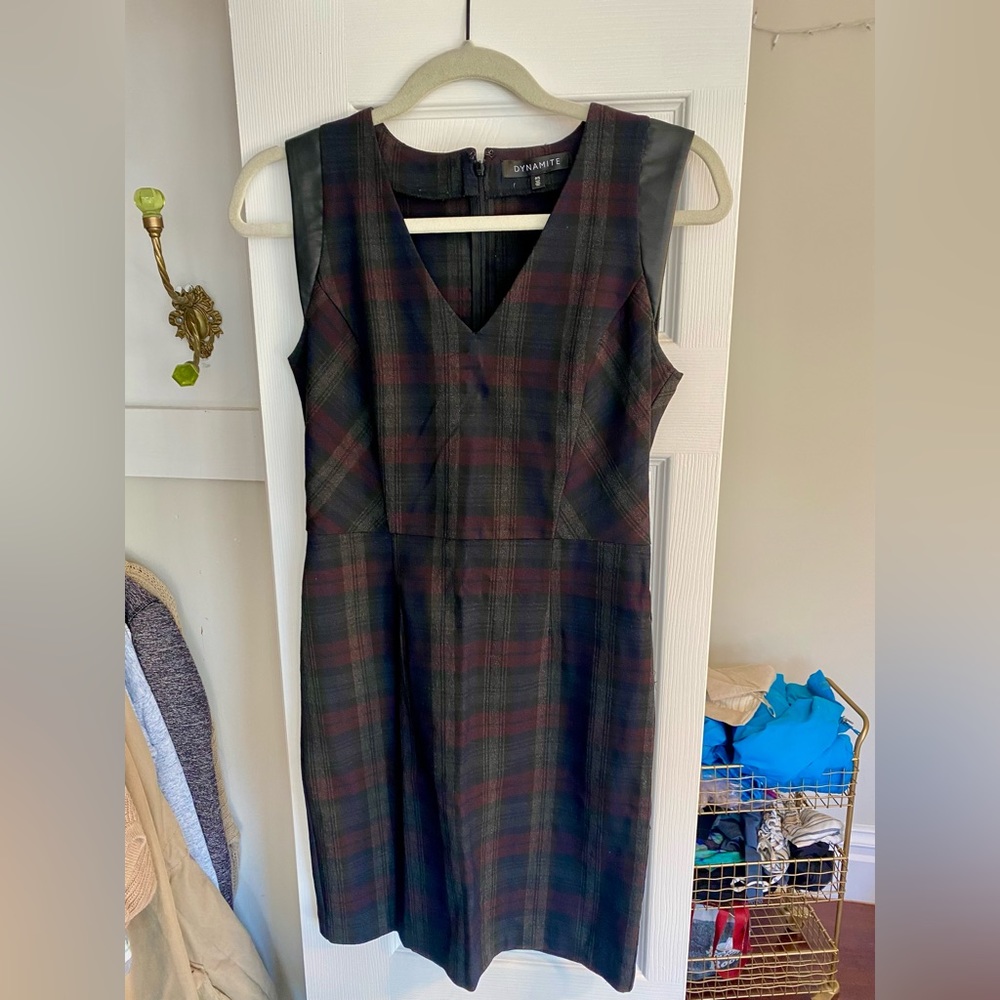 Plaid dress with leather accents